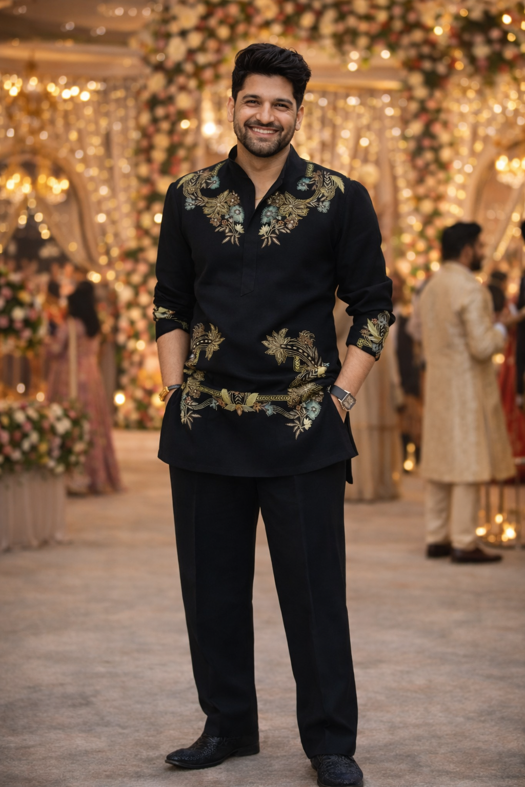 Elegant Black Kapil Sharma Ethnic Kurta with Rich Floral Work