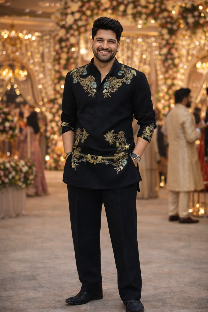 Elegant Black Kapil Sharma Ethnic Kurta with Rich Floral Work