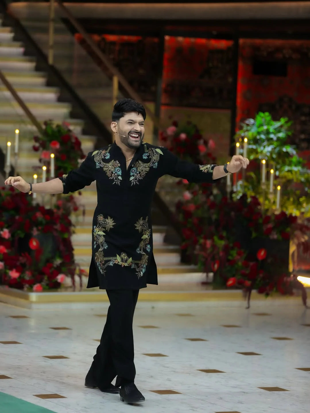 Elegant Black Kapil Sharma Ethnic Kurta with Rich Floral Work