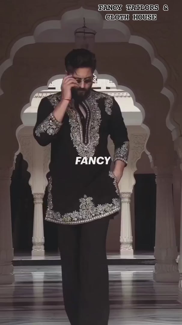 Vinay Rana Men’s Royal Black Embroidered Kurta