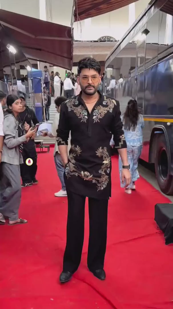 Elegant Black Kapil Sharma Ethnic Kurta with Rich Floral Work