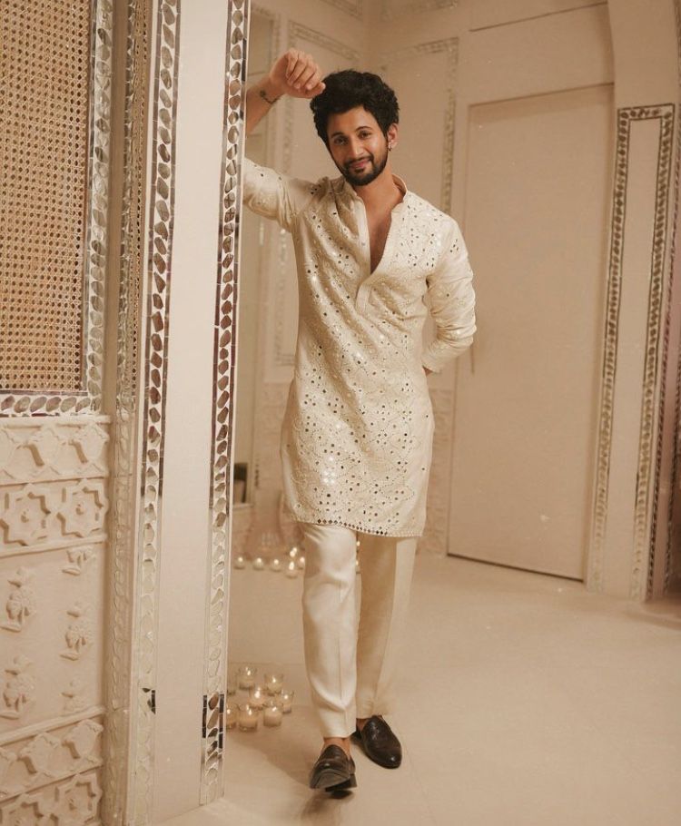 Premium Cream Mirror Work Kurta Set with Trousers