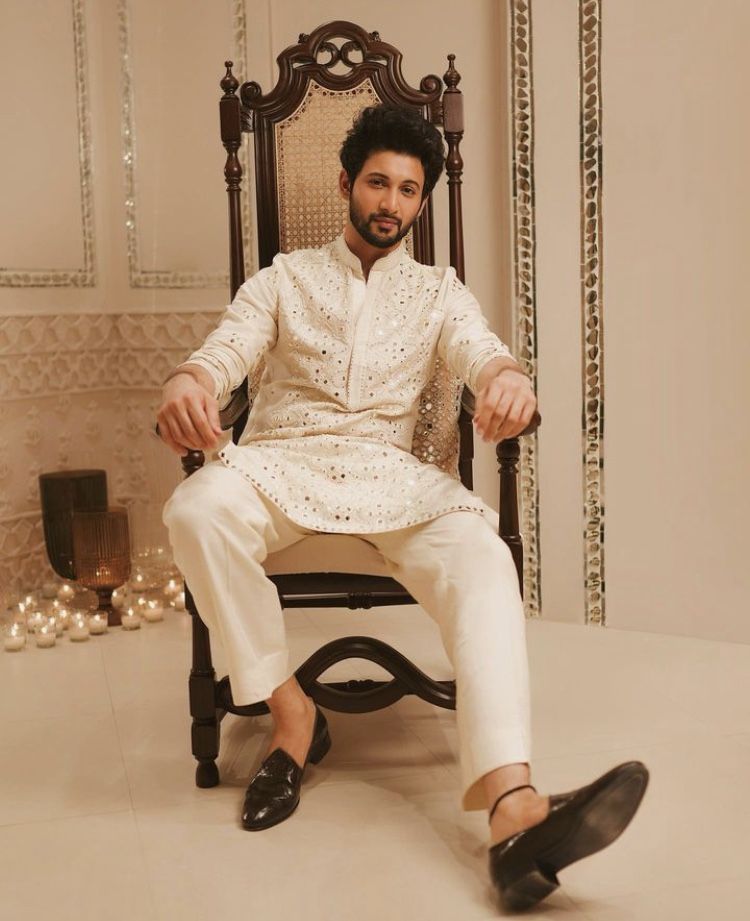 Premium Cream Mirror Work Kurta Set with Trousers