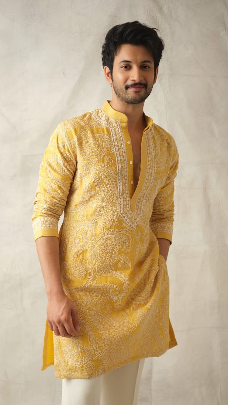 Elegant Yellow Embroidered Kurta for Men – Traditional Style