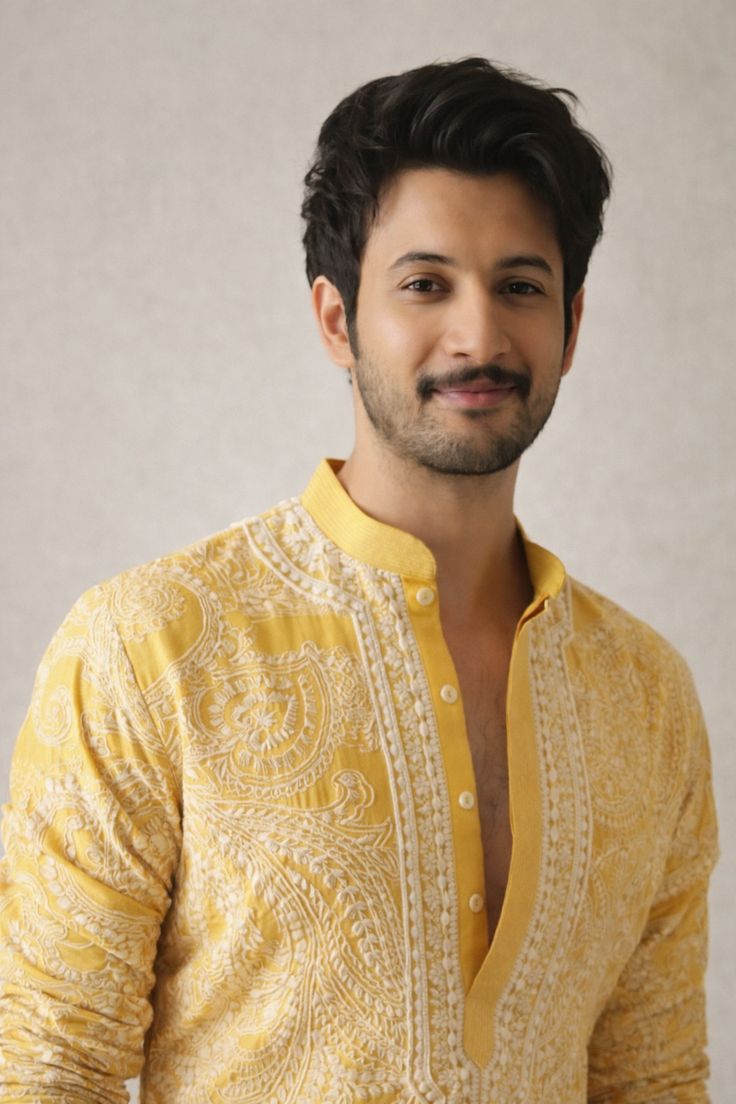 Elegant Yellow Embroidered Kurta for Men – Traditional Style