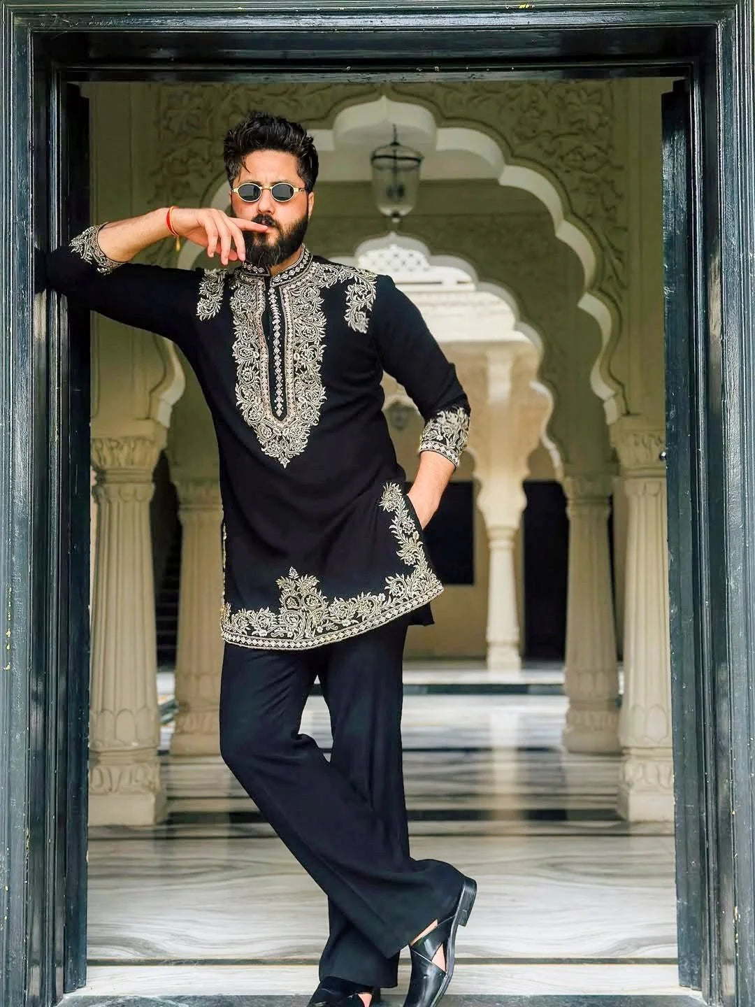 Vinay Rana Men’s Royal Black Embroidered Kurta